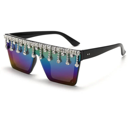 Rhinestone Drip Sunglasses-Blue Mirror